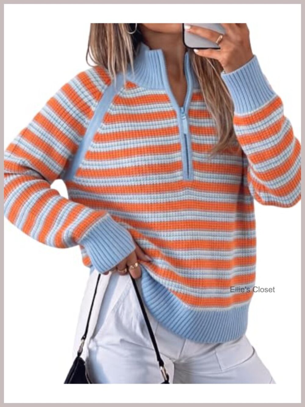 Striped Ribbed Knit Half Zip Pullover Sweater with Thumb Holes